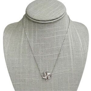 Bright Silver Tone Dainty Pinwheel Whirligig Charm Cable Chain Necklace